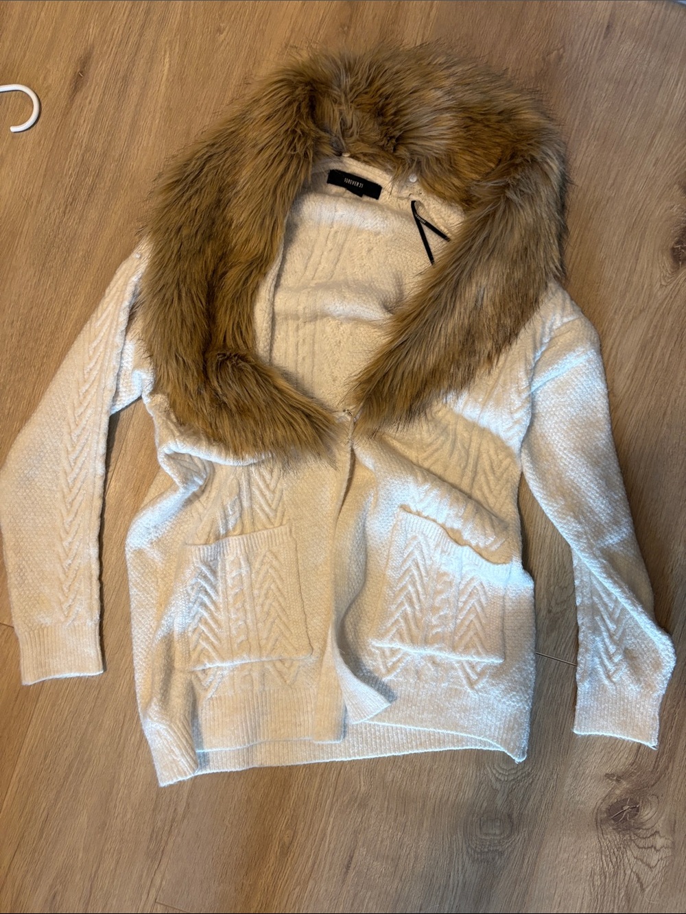 Faux-Fur Trim Cream Cardigan Sweater - forever 21 Brand